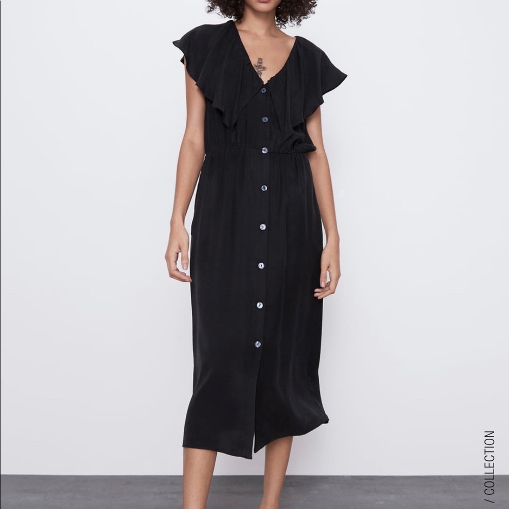 Zara ruffled black midi dress NWT
